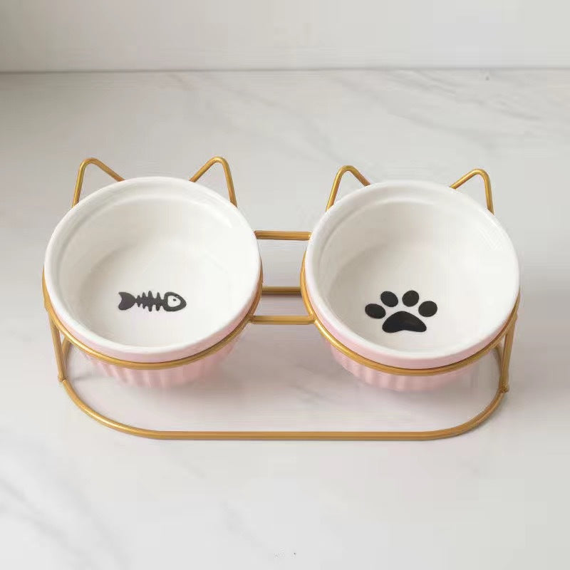 Ceramic Double Pet Bowl Elevated Diagonal Feeding Stand
