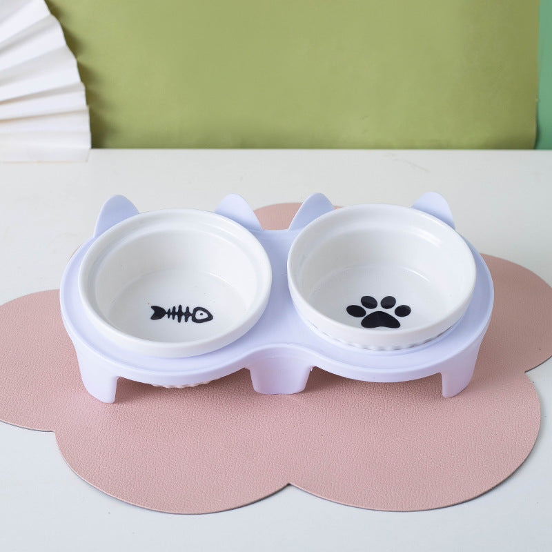 Ceramic Double Pet Bowl Elevated Diagonal Feeding Stand