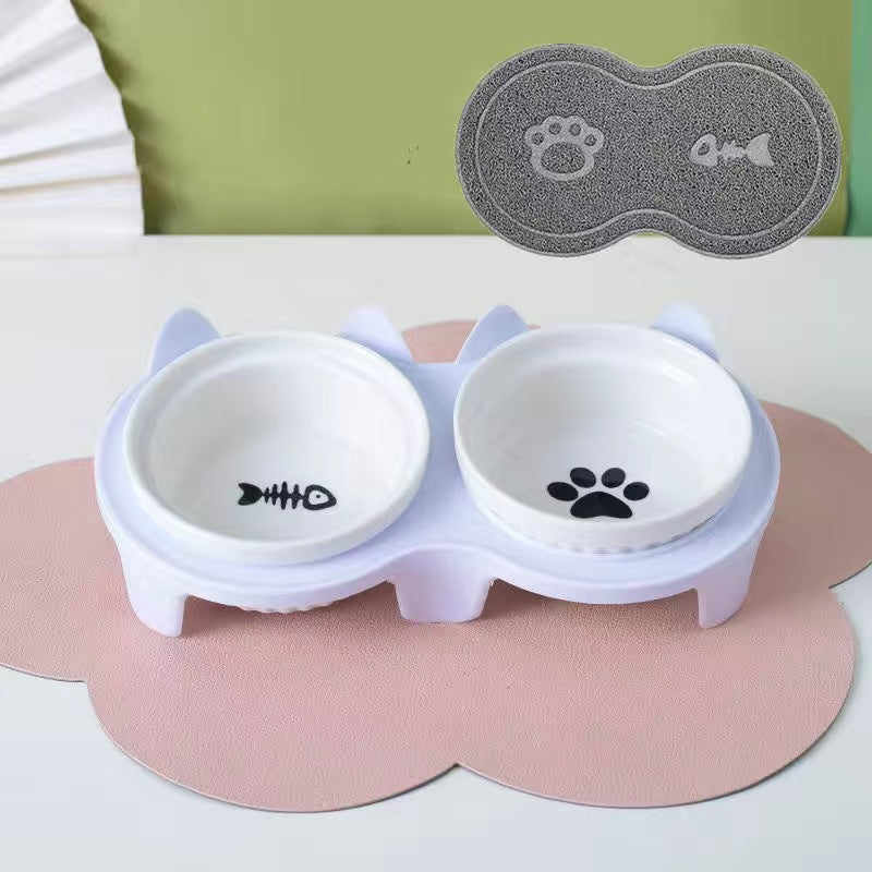 Ceramic Double Pet Bowl Elevated Diagonal Feeding Stand