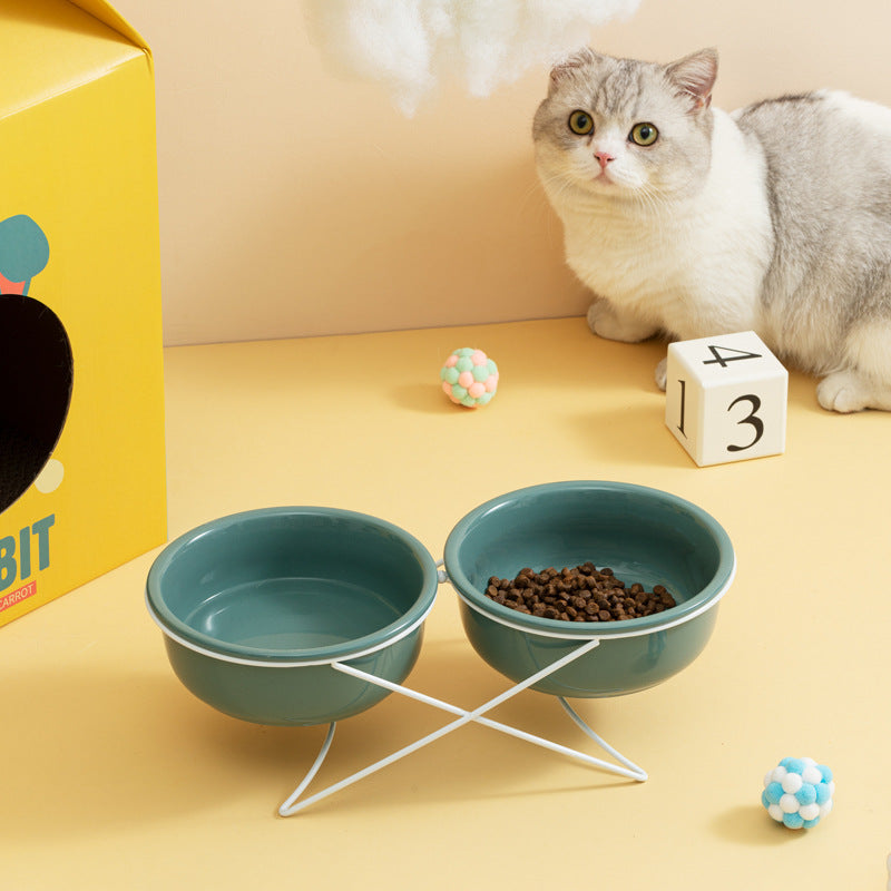 Ceramic Double Pet Feeding And Drinking Bowl Raised Stand