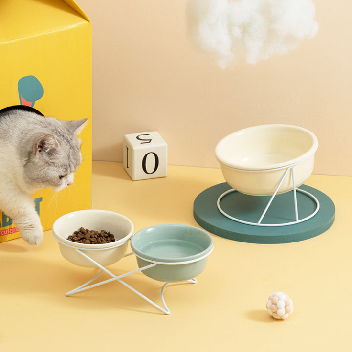 Ceramic Double Pet Feeding And Drinking Bowl Raised Stand