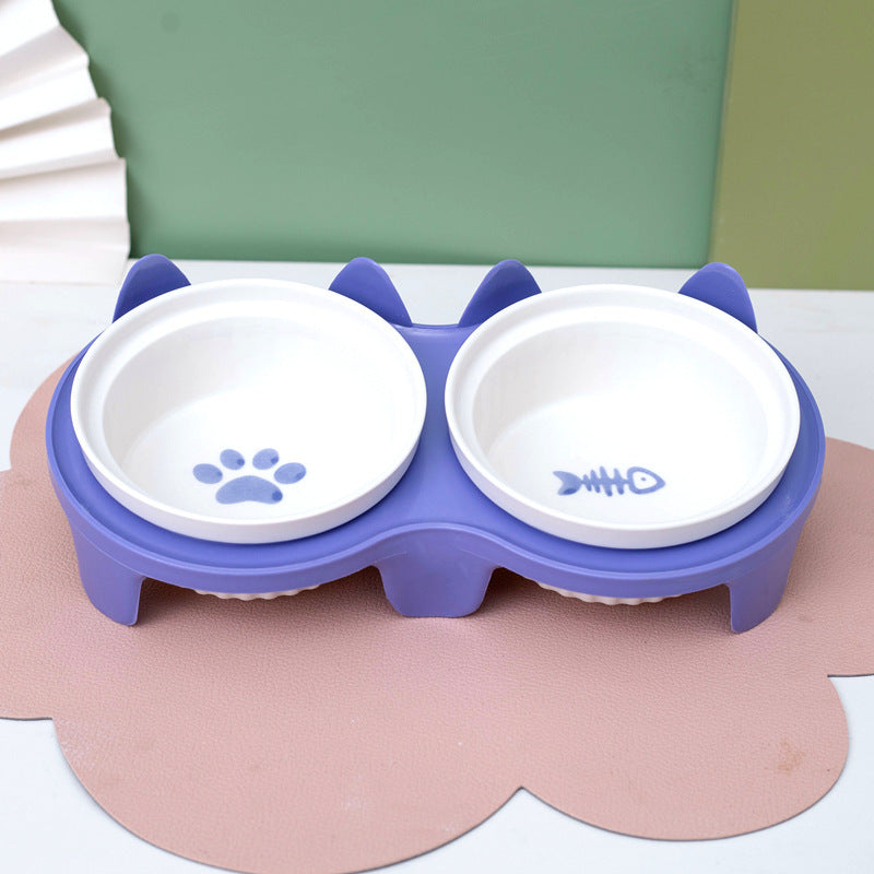 Ceramic Double Pet Bowl Elevated Diagonal Feeding Stand