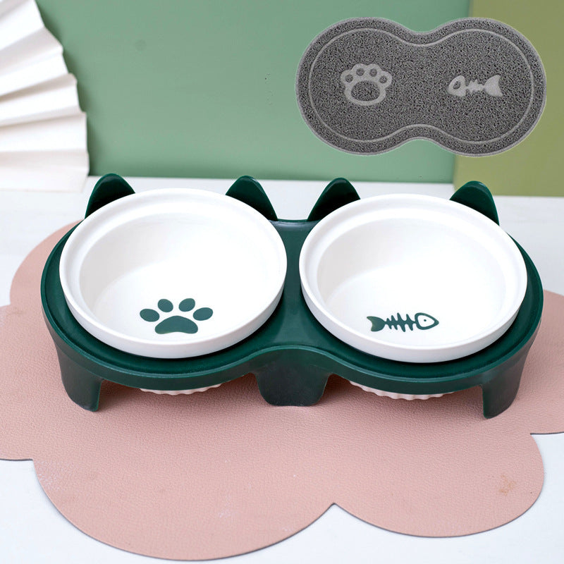 Ceramic Double Pet Bowl Elevated Diagonal Feeding Stand