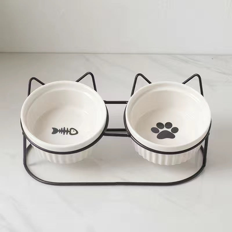 Ceramic Double Pet Bowl Elevated Diagonal Feeding Stand