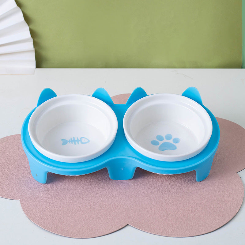 Ceramic Double Pet Bowl Elevated Diagonal Feeding Stand