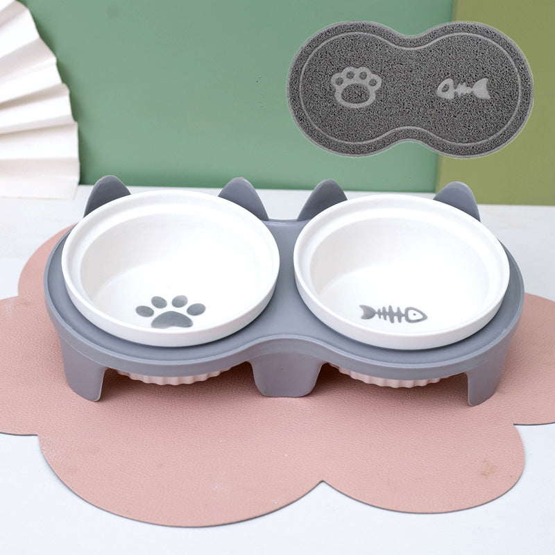 Ceramic Double Pet Bowl Elevated Diagonal Feeding Stand