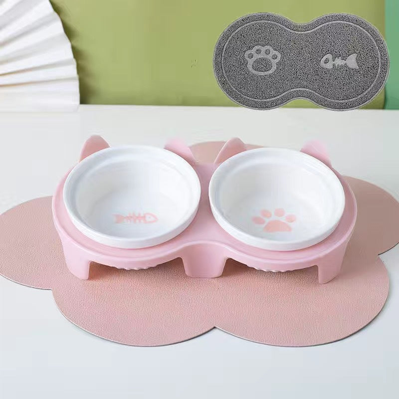 Ceramic Double Pet Bowl Elevated Diagonal Feeding Stand