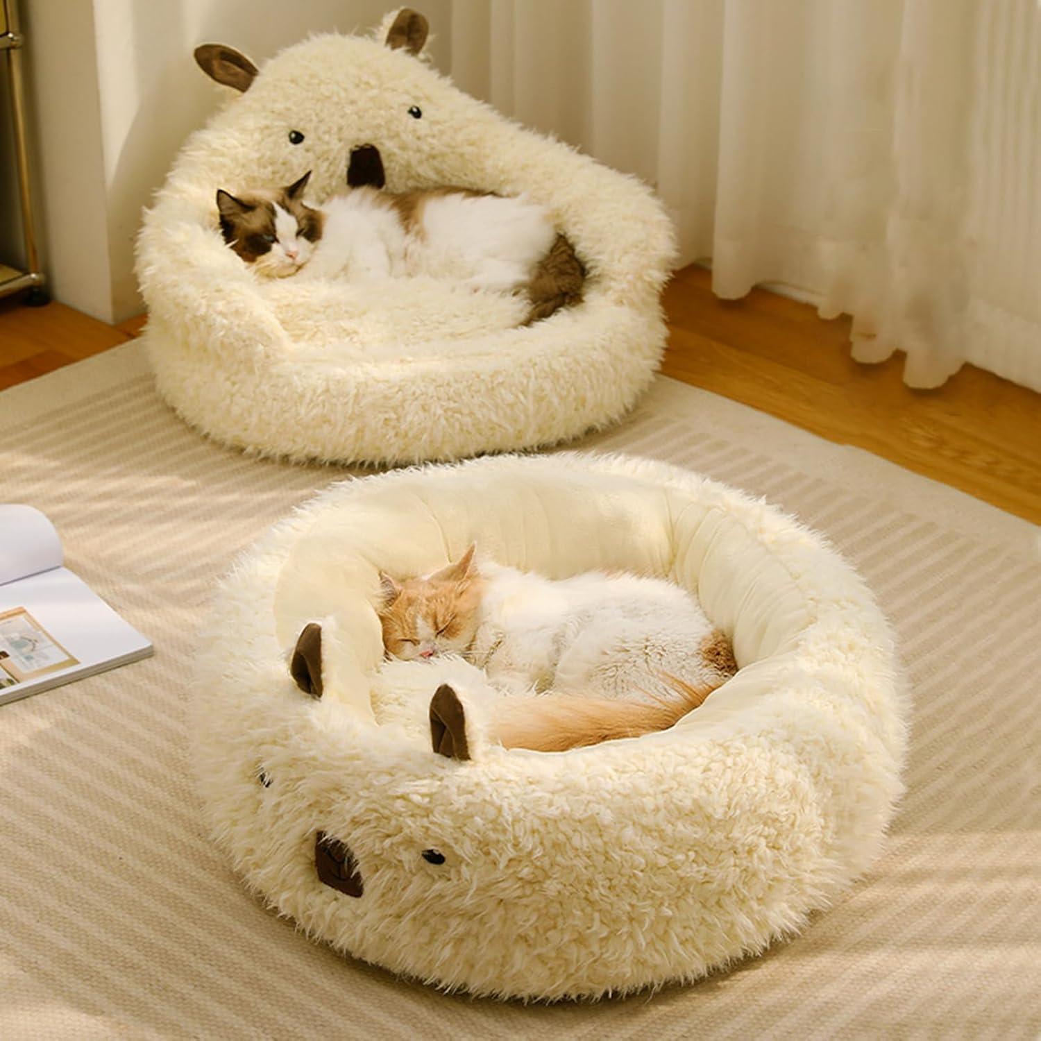 Pet Cut Alpaca Calming Bed With Detachable Plush Pads Warm Nest Bed