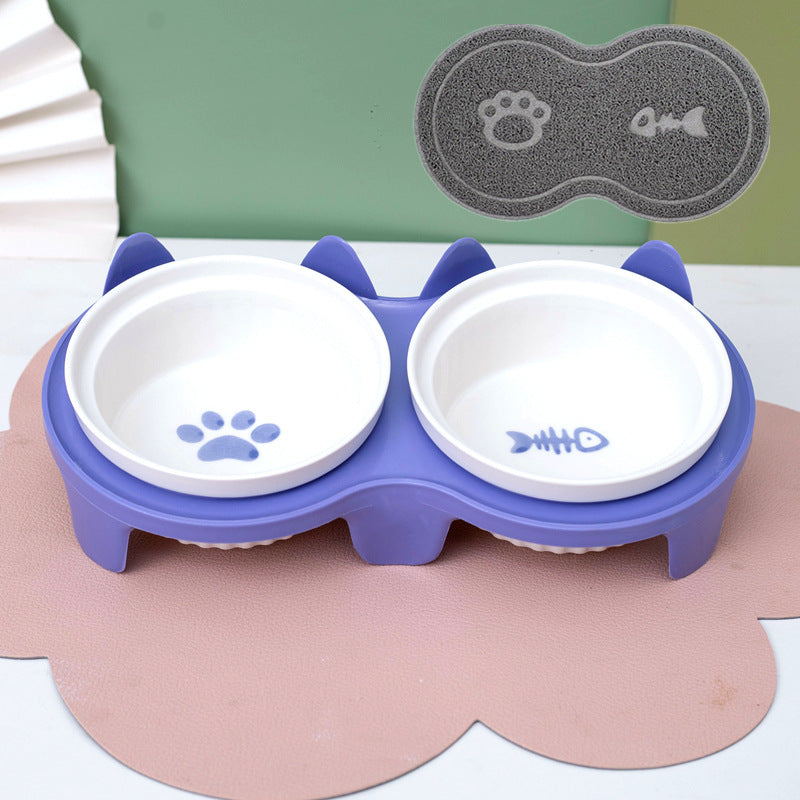 Ceramic Double Pet Bowl Elevated Diagonal Feeding Stand