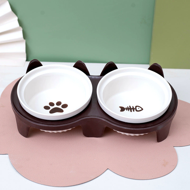 Ceramic Double Pet Bowl Elevated Diagonal Feeding Stand
