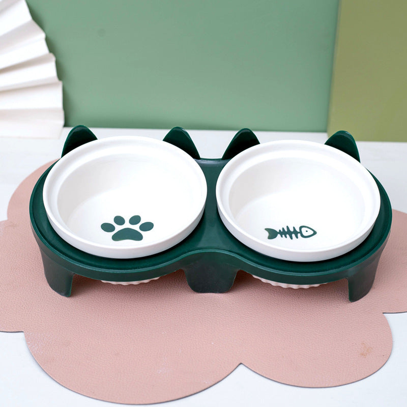 Ceramic Double Pet Bowl Elevated Diagonal Feeding Stand