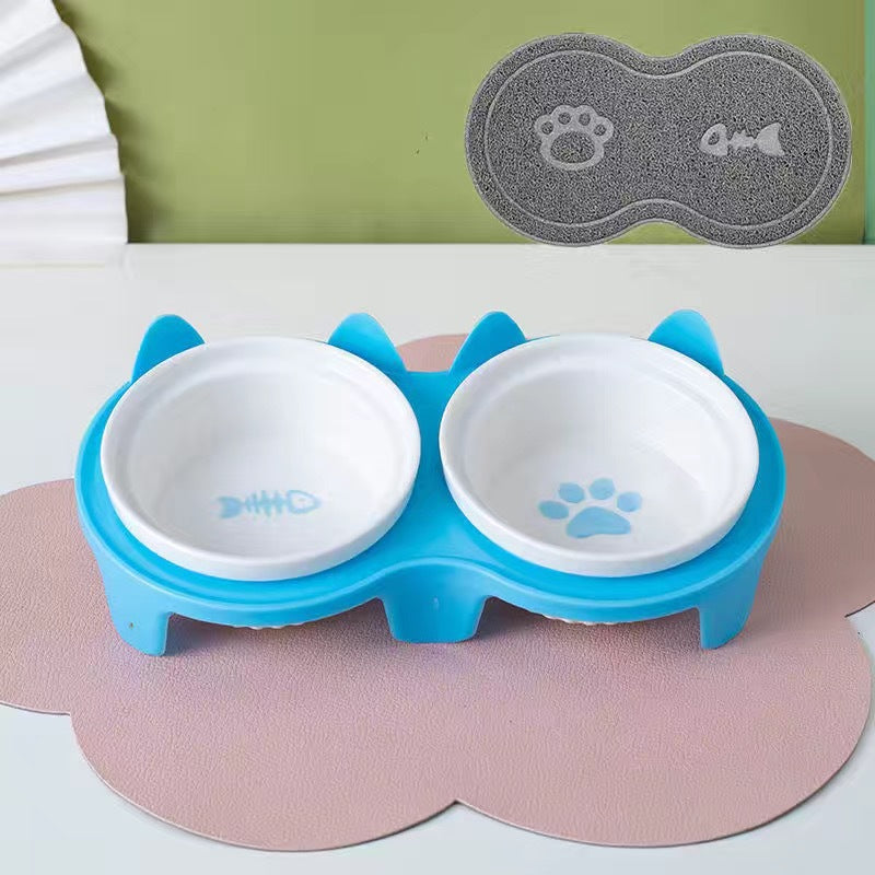 Ceramic Double Pet Bowl Elevated Diagonal Feeding Stand