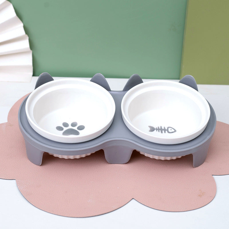 Ceramic Double Pet Bowl Elevated Diagonal Feeding Stand