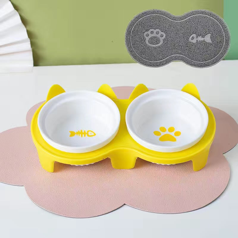 Ceramic Double Pet Bowl Elevated Diagonal Feeding Stand